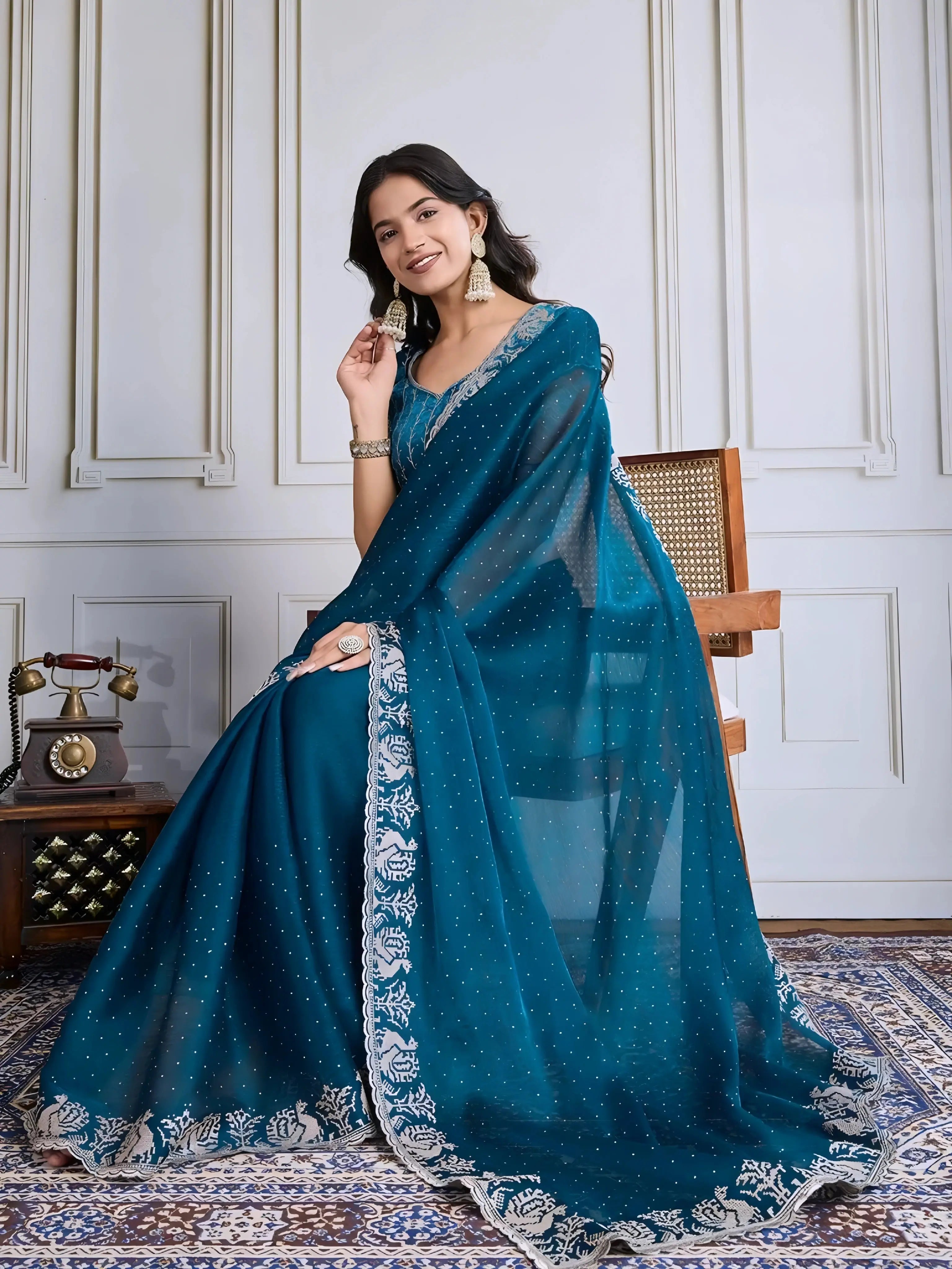 Blue Swarovski & Embroidery Work Fendy Chiffon Silk